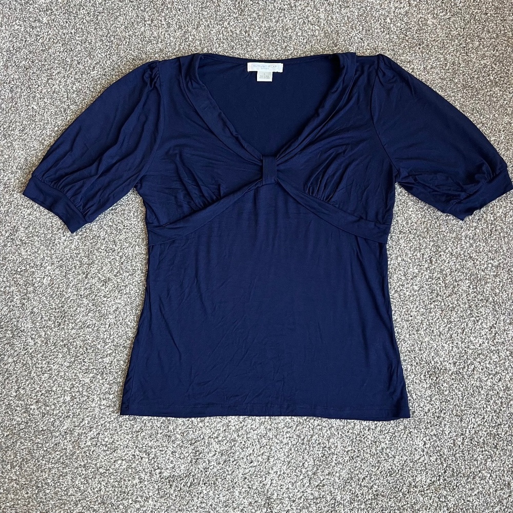 August Silk Blue Front Twist 1/2 Sleeve‎ V Neck Blouse, Size Large